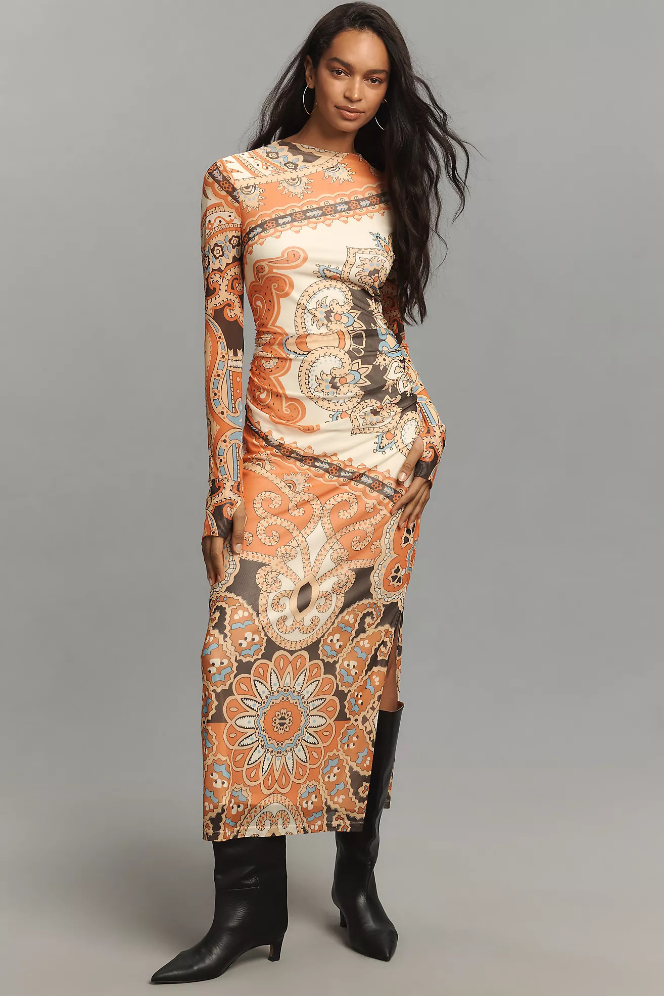 Farm Rio Long-Sleeve Mock-Neck Mesh Slim Midi Dress | Anthropologie (US)