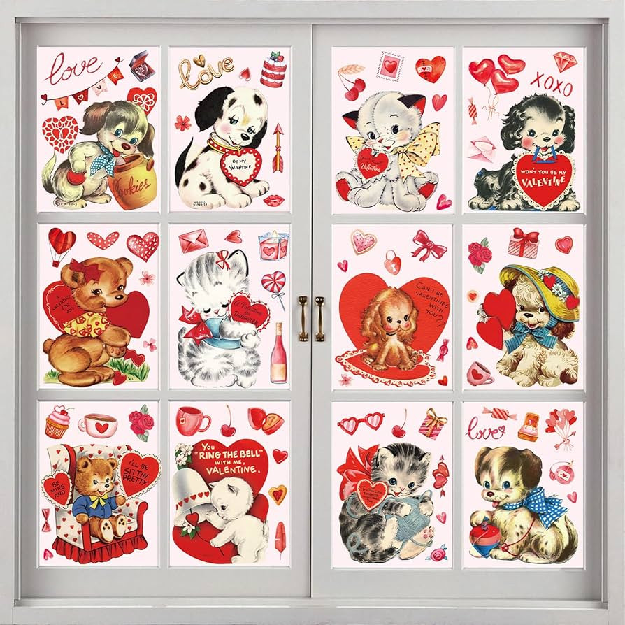 JarThenaAMCS Valentine's Day Window Clings Vintage Cat Dog Love Heart Window Stickers Double-Side... | Amazon (US)