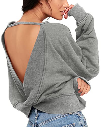 ReachMe Womens Open Back Sweatshirts Crop Backless Long Sleeve Shirts Off The Shoulder Crewneck Workout Tops(Grey,S) | Amazon (US)
