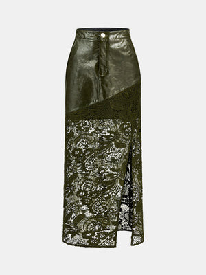 Faux‑Leather Lace‑Patchwork Front‑Slit Midi Skirt | Commense