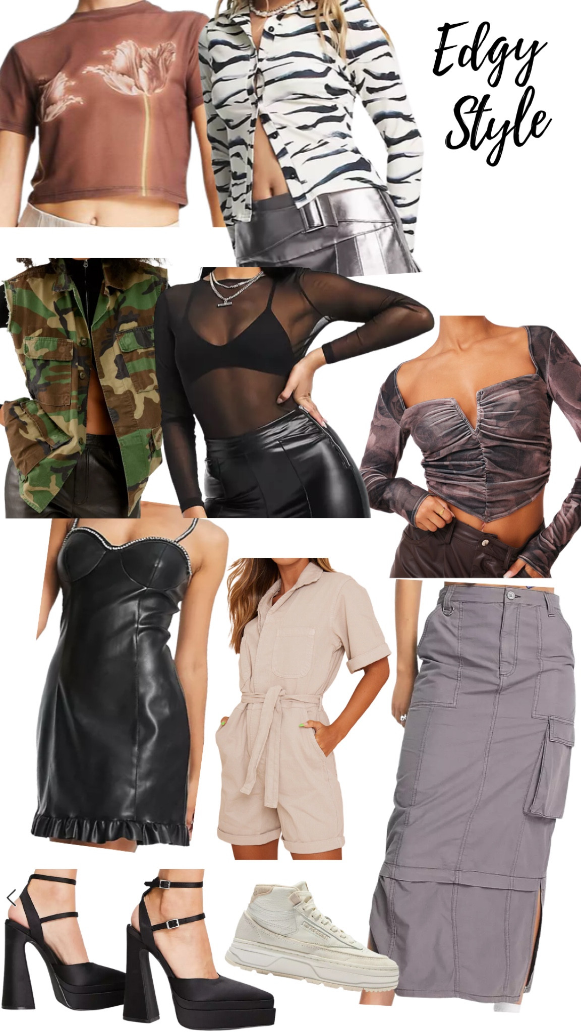 Edgy 
Mesh 
Denim skirt
Cargo
Platform heels
White sneakers
Leather dress
Camo
Zebra
Graphic 

#LTKunder50 #LTKstyletip #LTKsalealert
