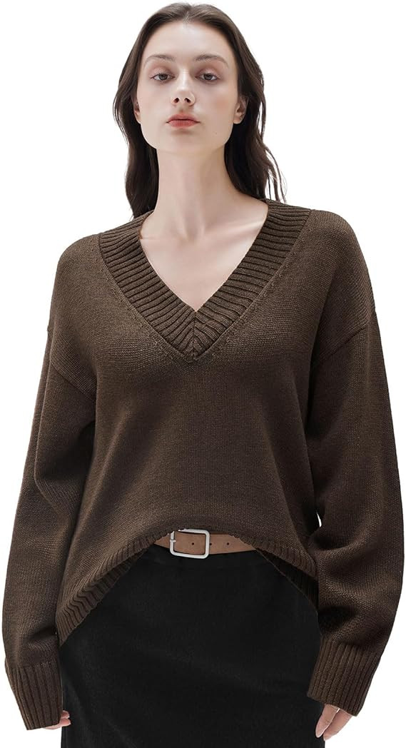 SUUKSESS Women Cashmere Blend Oversized V Neck Long Sleeve Pullover Sweaters | Amazon (US)