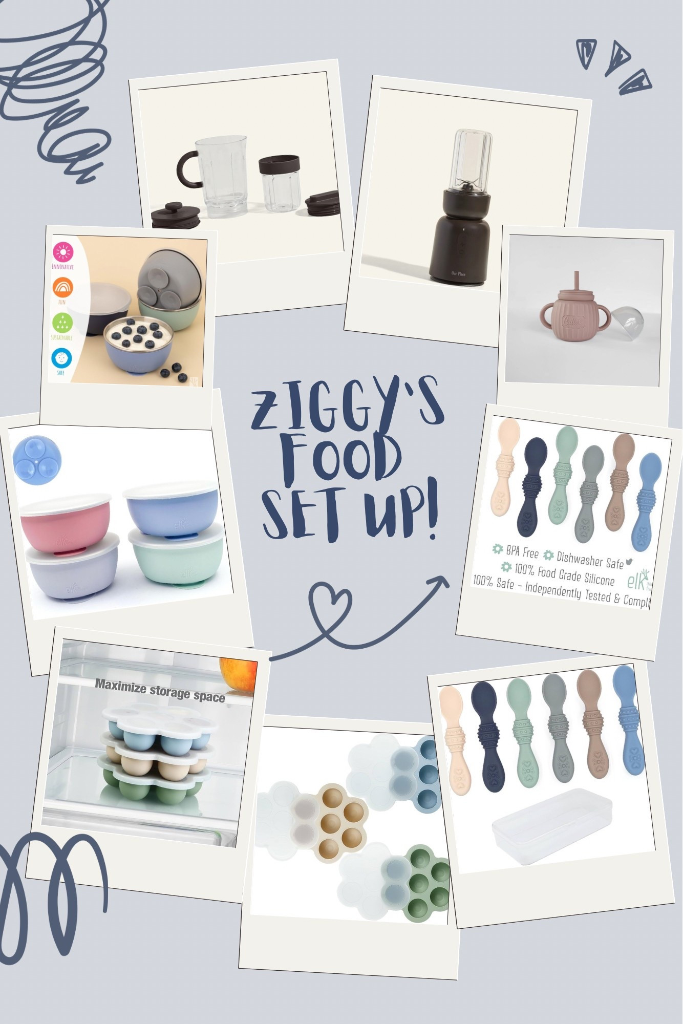 Ziggy’s food set up! 🥑 we have been using all of this for the past two months since starting solids and we love everything! 👏🏽

•This blender is perfect with a small attachment to make Ziggy’s food. It’s also non toxic! 
•Non toxic spoons & suction bowls! 
•Non toxic cup! 
•I’ve been freezing some of his food when I make more than one serving and this freezing trays are the perfect size! 