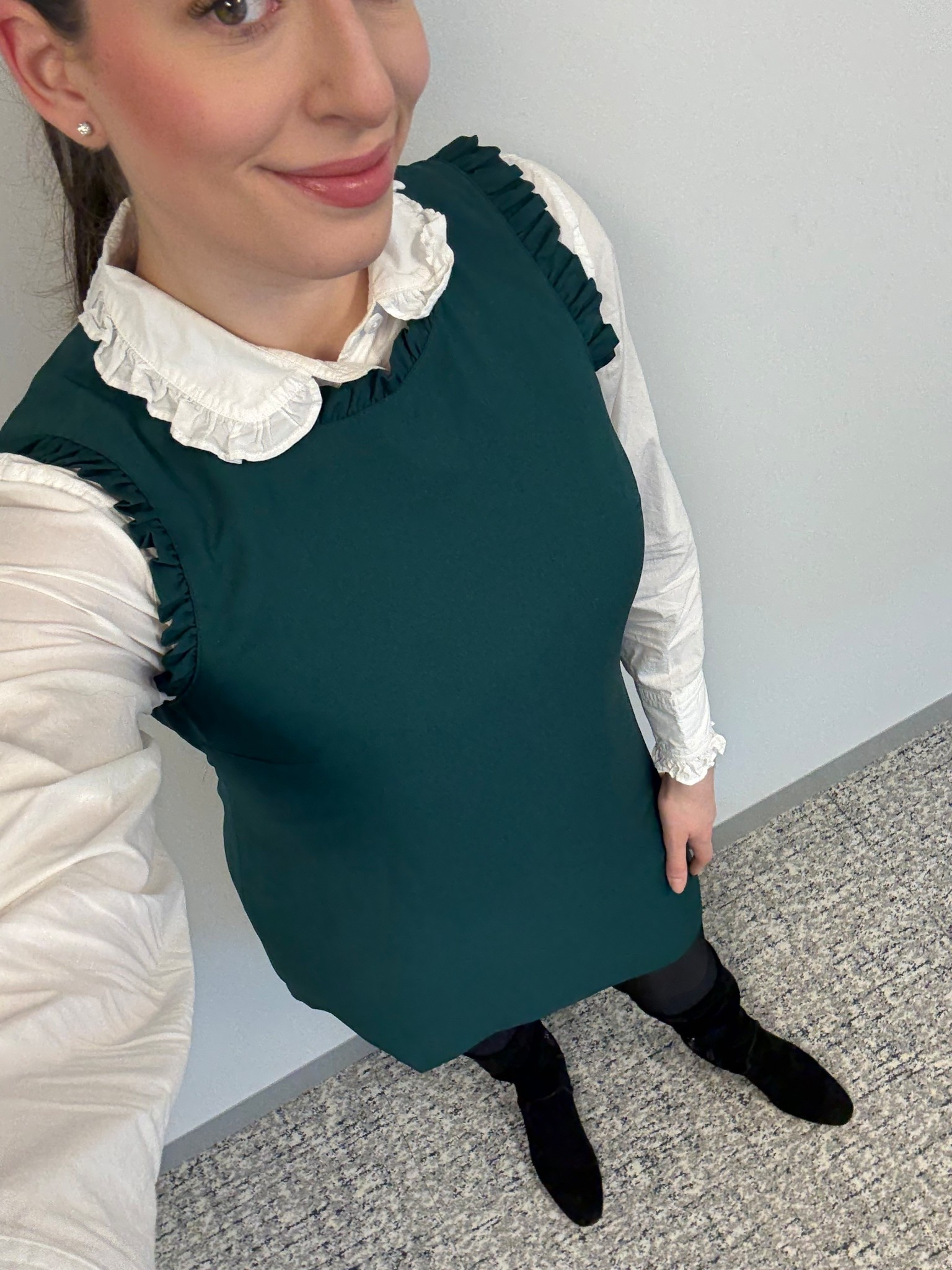 Office style, office outfit, business casual, workwear, winter workwear, winter office style, lawyer, attorney, corporate style, corporate outfit, shift dress, white button down, layering, black suede boots, tall black suede boots 

#LTKWorkwear #LTKSeasonal #LTKTall