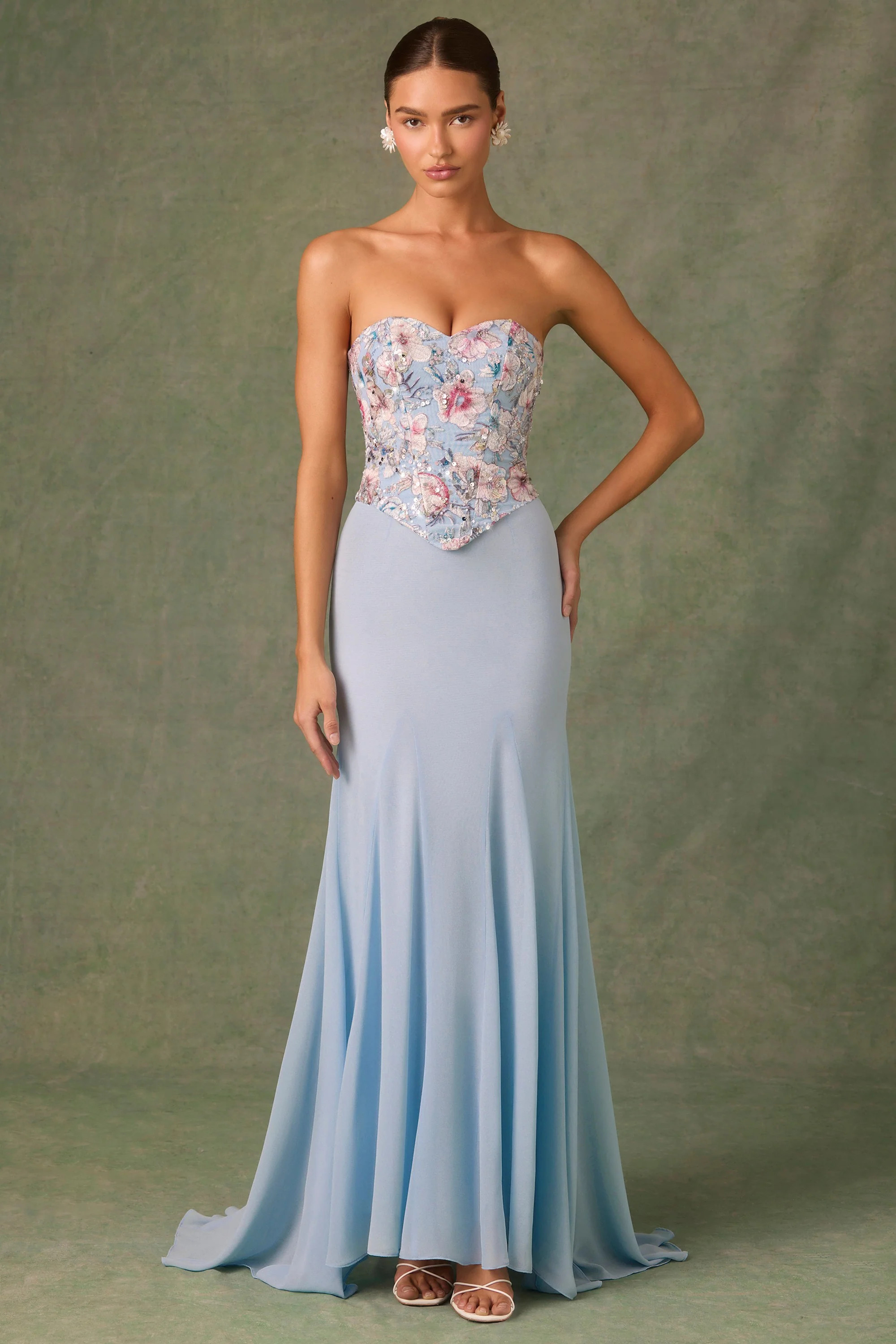 Embellished Corset Fishtail Gown in Floral Blue | Oh Polly