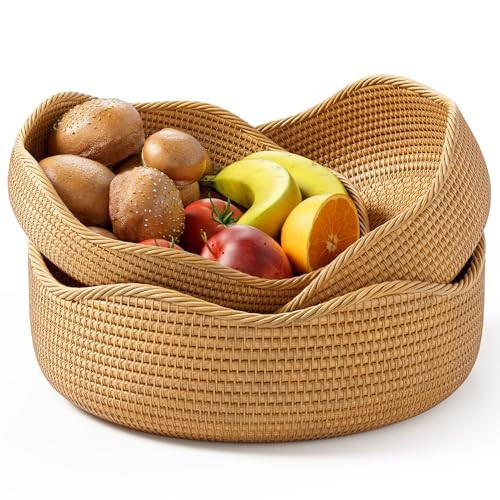 LAVNTM Rattan Bread Basket, 3 Pack Hand Woven Round Fruit Baskets for Serving, Picnic Basket, Wicker Storage for the Living Room Kitchen (Honey Brown) | Amazon (US)