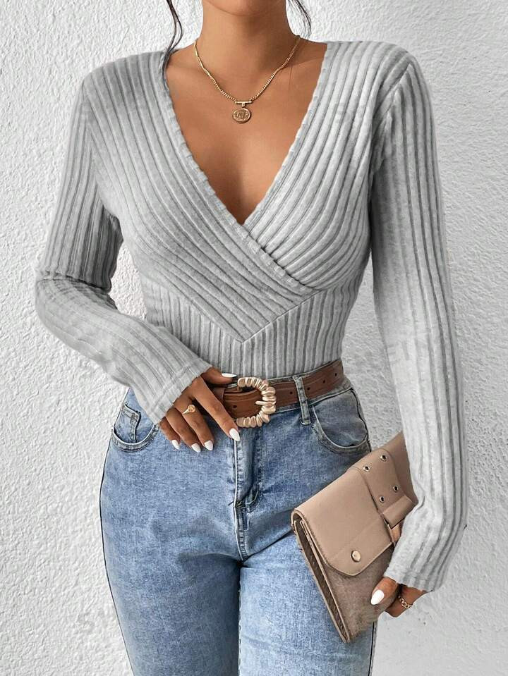 SHEIN Frenchy Surplice Neck Ribbed Knit Tee | SHEIN