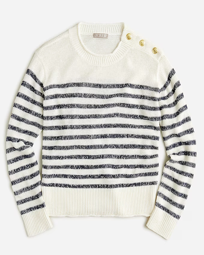 Relaxed linen-blend beach sweater with shoulder buttons in stripe | J. Crew US
