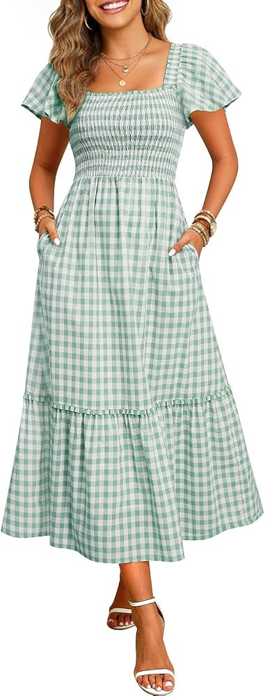 Women Summer Dresses - Plaid Cotton Smocked Square Neck Flutter Sleeve Casual Midi Dress Pocket 2... | Amazon (US)