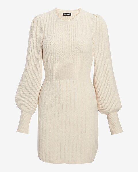 Cable Knit Crew Neck Balloon Sleeve Mini Sweater Dress | Express