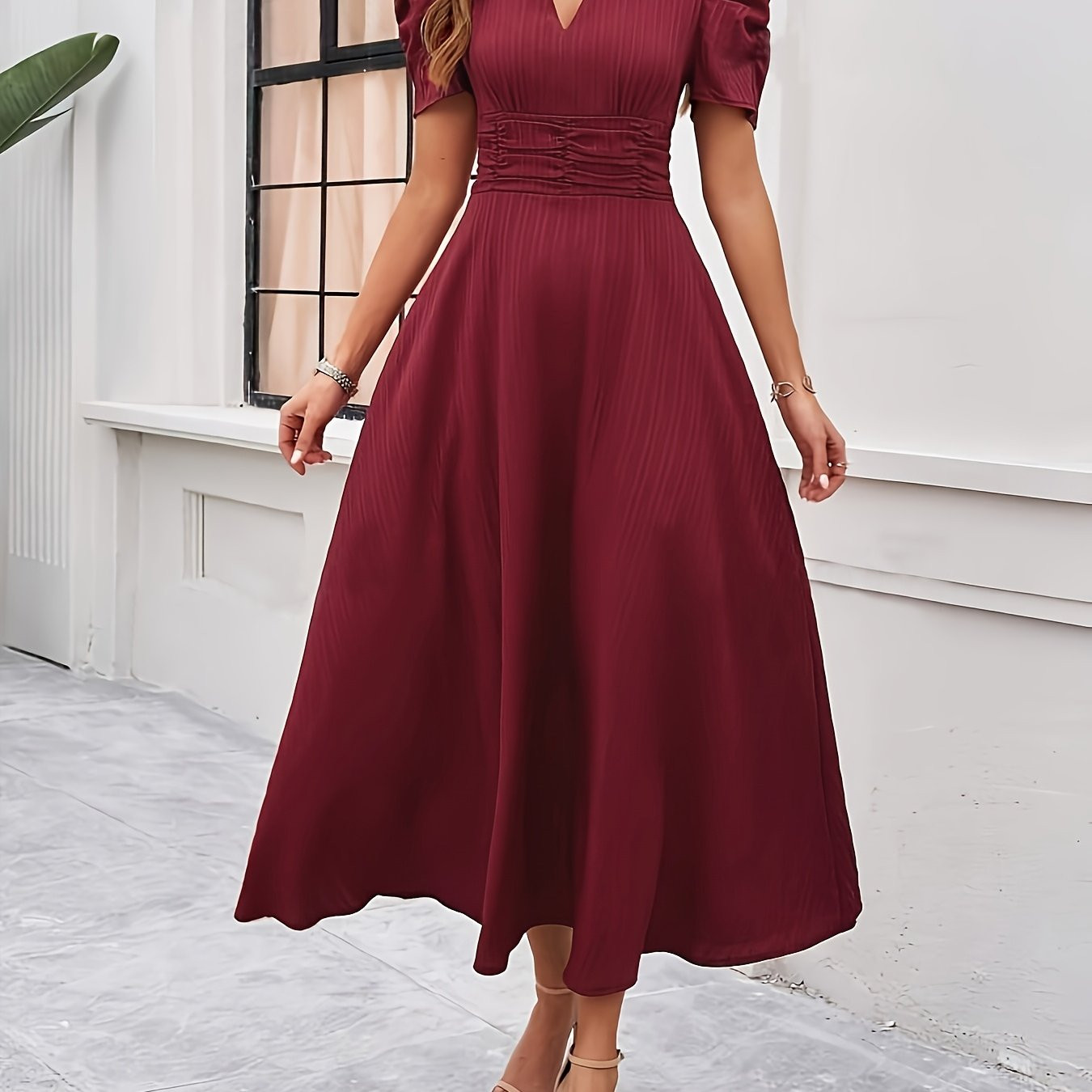 elegant maroon v neck midi dress women chic short sleeve a - Temu Canada | Temu Affiliate Program