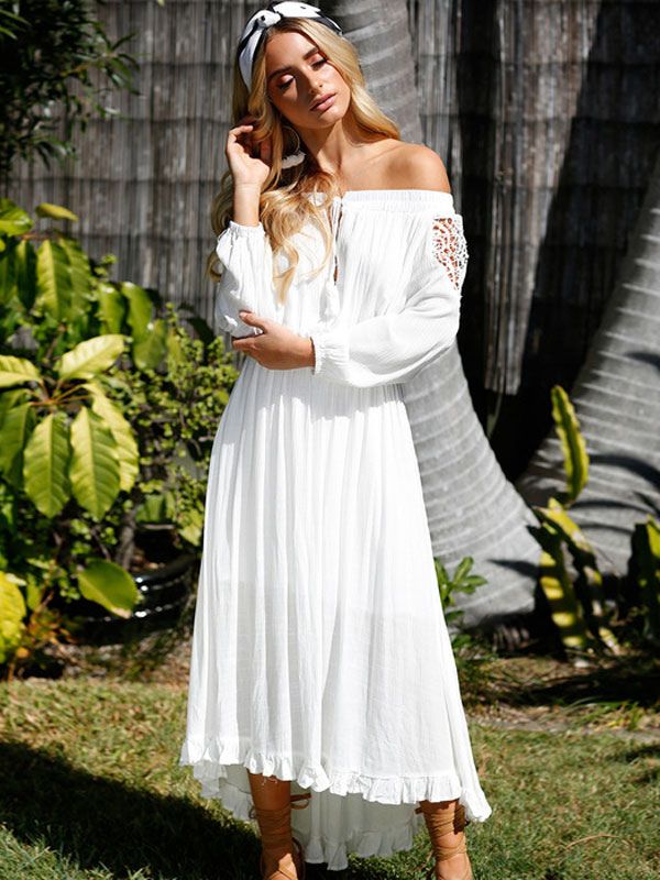 White Long Dress Boho Lace Off The Shoulder Long Sleeve High Low Maxi Dress For Women | Milanoo