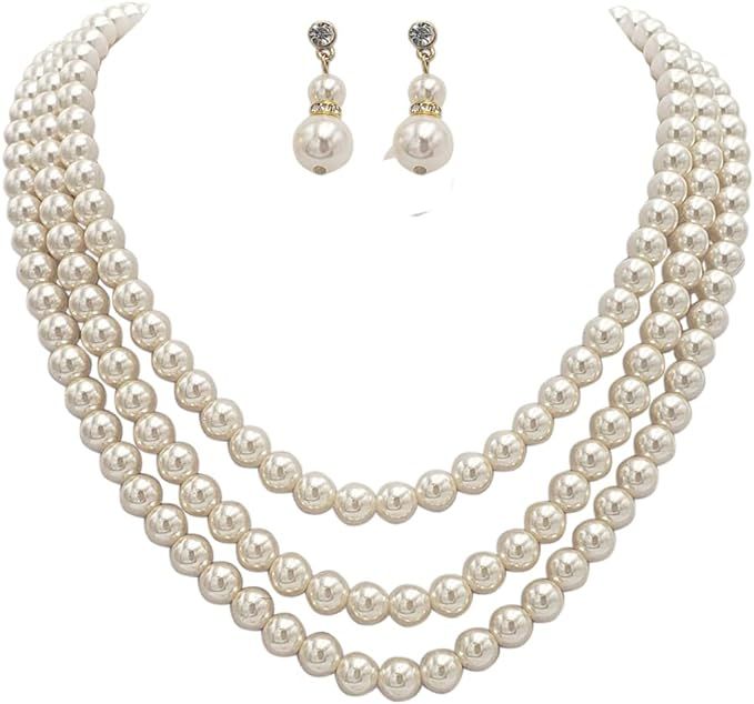 Rosemarie Collections Women's Multi Strand Classic 8mm Faux Pearl Necklace and Earrings Jewelry S... | Amazon (US)