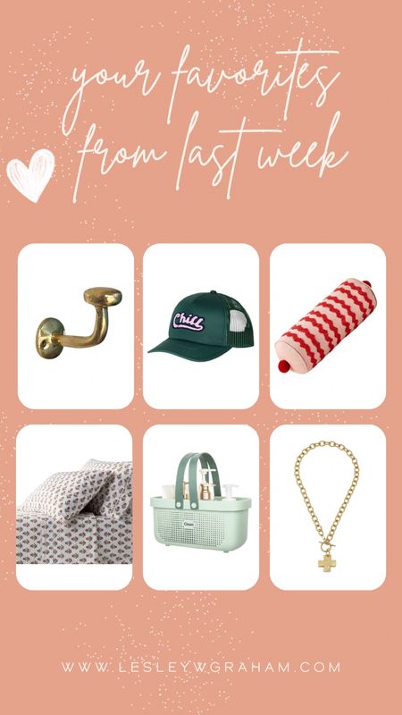 Top Sellers Last Week. Brass hooks in our bathrooms. Trucker hat for teens. Great pillow. Organic sheets. Shower caddy. Cross toggle necklace. 

#LTKover40 #LTKhome #LTKfamily