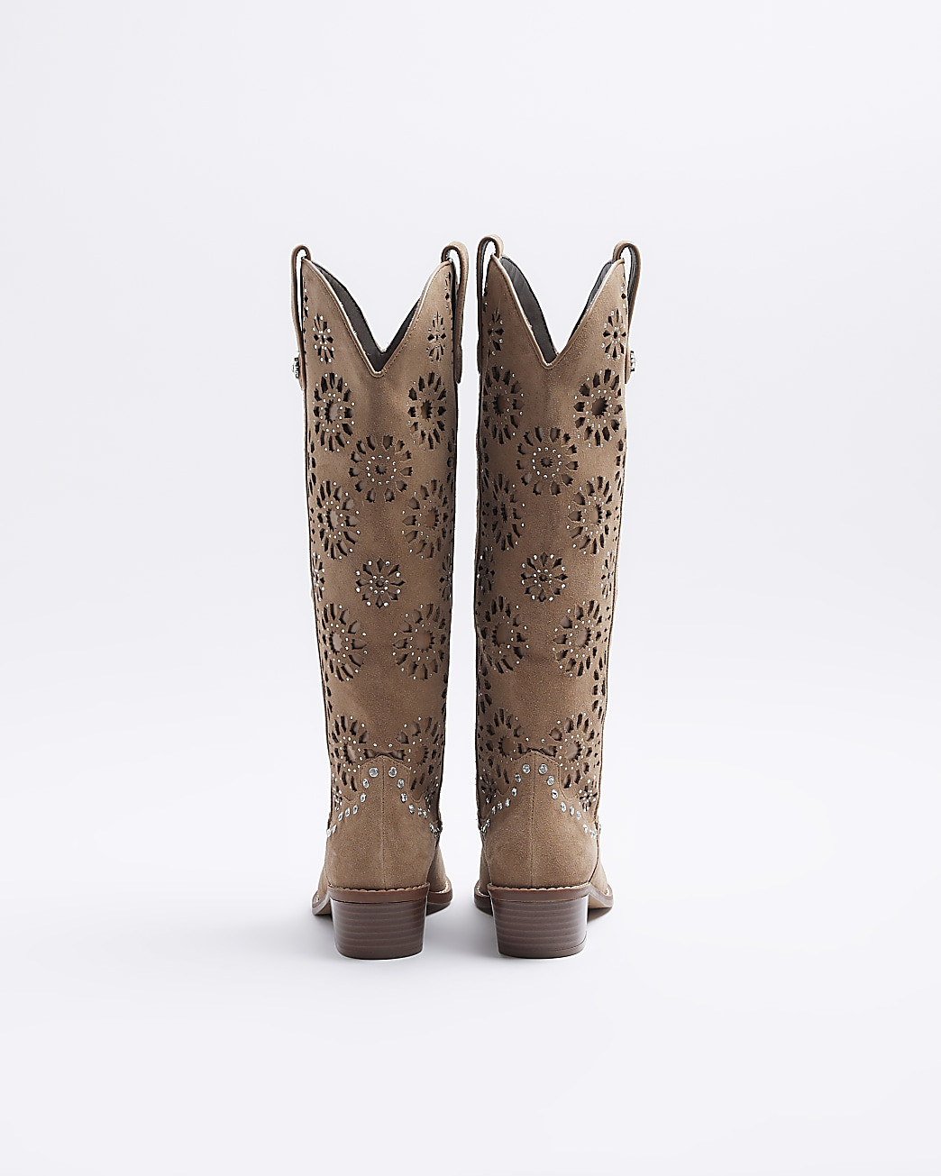 Beige Suede High Leg Cut Out Western Boot | River Island (UK & IE)