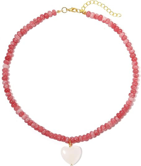 Rhodonite Beaded Necklace for Women with Rose Quart Heart, Natural Stone Bohemian Surfer Beads Ne... | Amazon (US)