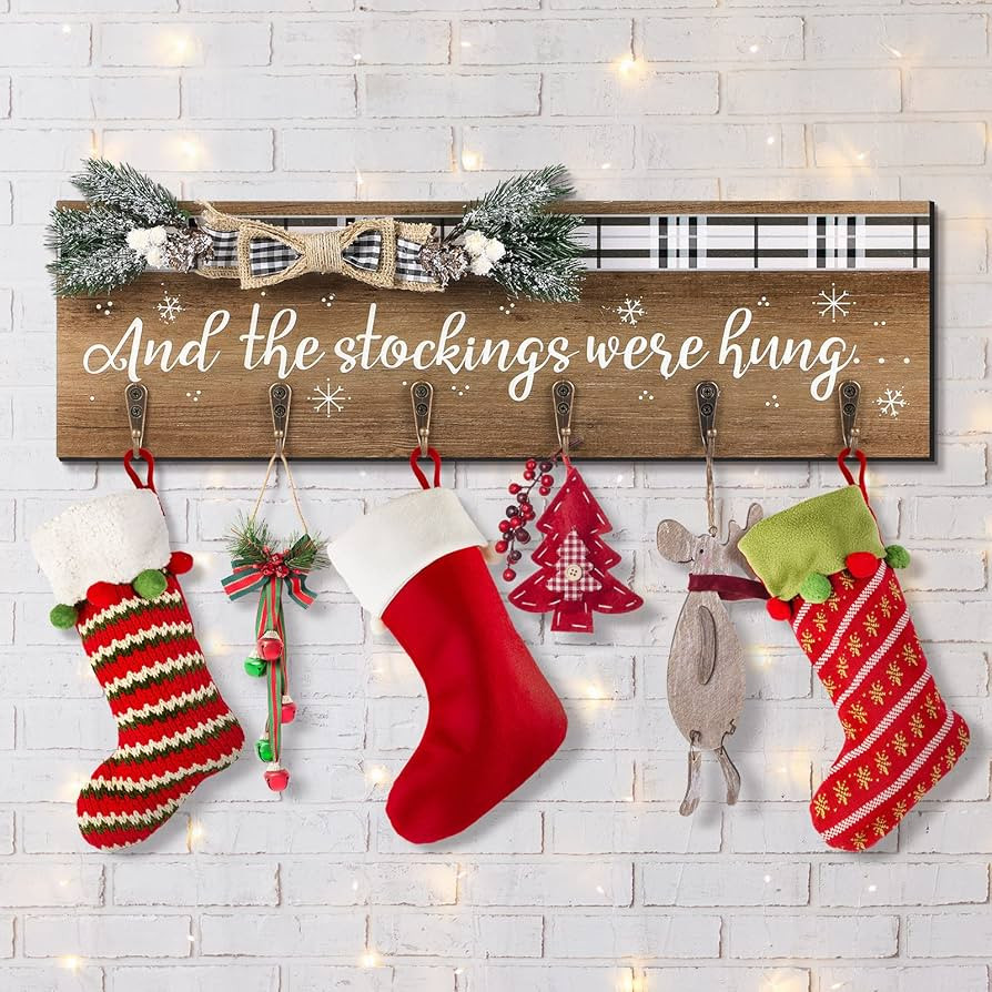 Christmas Stocking Holder with 6 Hangers The Stockings were Hung Wooden Sign Xmas Wall Hanging Si... | Amazon (US)