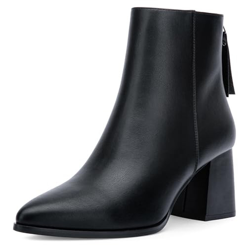 Jeossy Women's Pointed Toe Ankle Black Boots, Chunky Block Heel 9635 Booties with Zipper, Soft PU Leather Dress Boots for Office, Party, Casual Wear, Size 9.5 (DJY9635 Black 09.5) | Amazon (US)