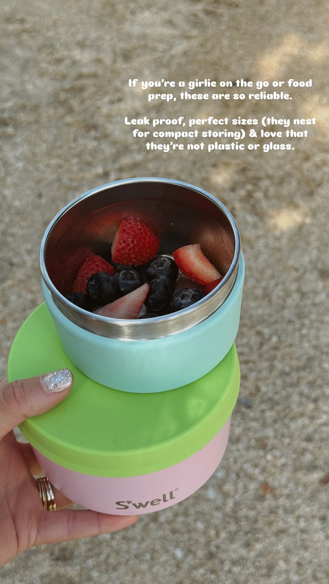 If you’re a girlie on the go or food prep, these are so reliable. 

Leak proof, perfect sizes (they nest for compact storing) & love that they’re not plastic or glass.