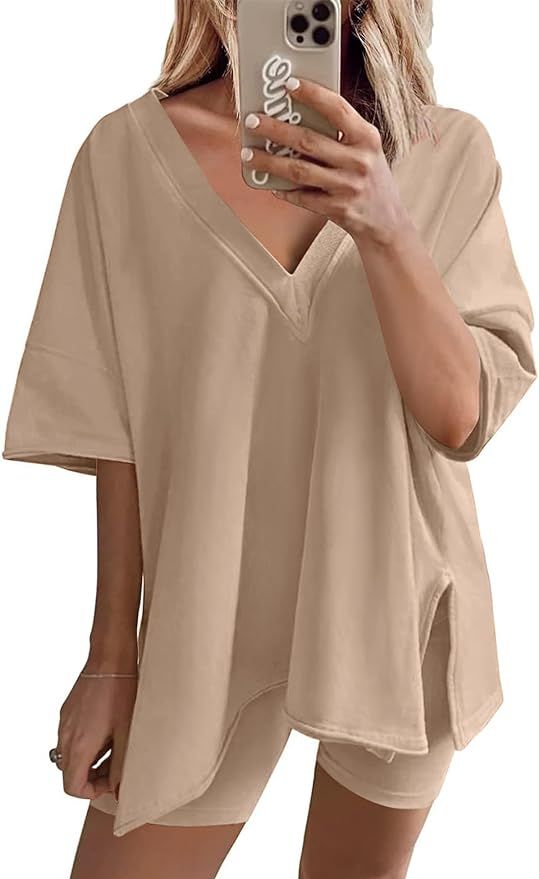 SWOMOG Womens Pajama Set 2 PCS Lounge Sets Oversized Tracksuit V Neck T-Shirts Short Sleeve Tops ... | Amazon (US)