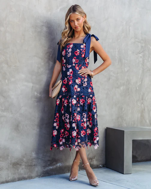 Picking Petals Crochet Lace Midi Dress - Navy | VICI