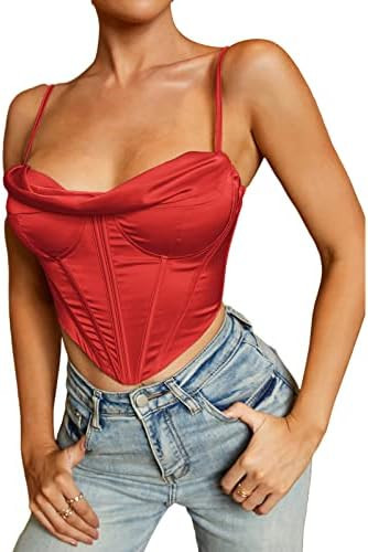 Satin Spaghetti Strap Party Crop Top Rave Cute Zip Back Outfits Corset Y2K Fashion Bustiers for W... | Amazon (US)