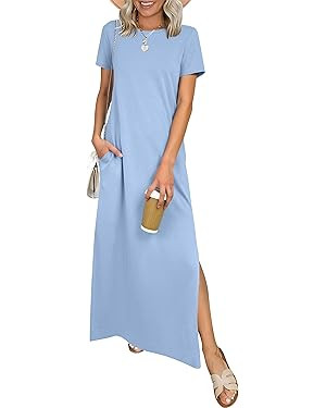 ANRABESS Womens Summer Casual Maxi Dress Short Sleeve Crewneck Split Wrinkle-Free Travel Long Sun... | Amazon (US)
