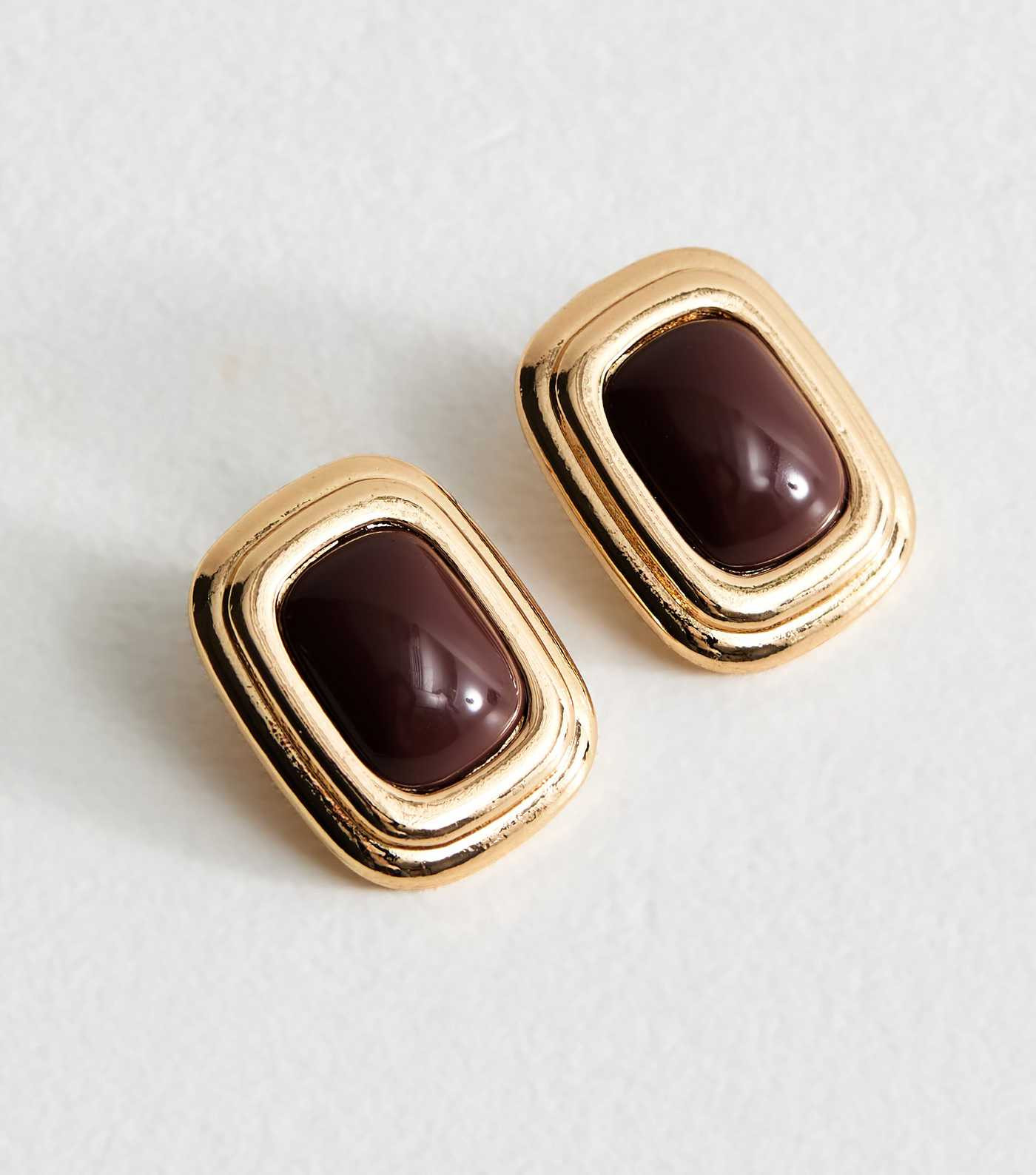 Dark Brown Contrast Stone Rectangular Earrings | New Look | New Look (UK)