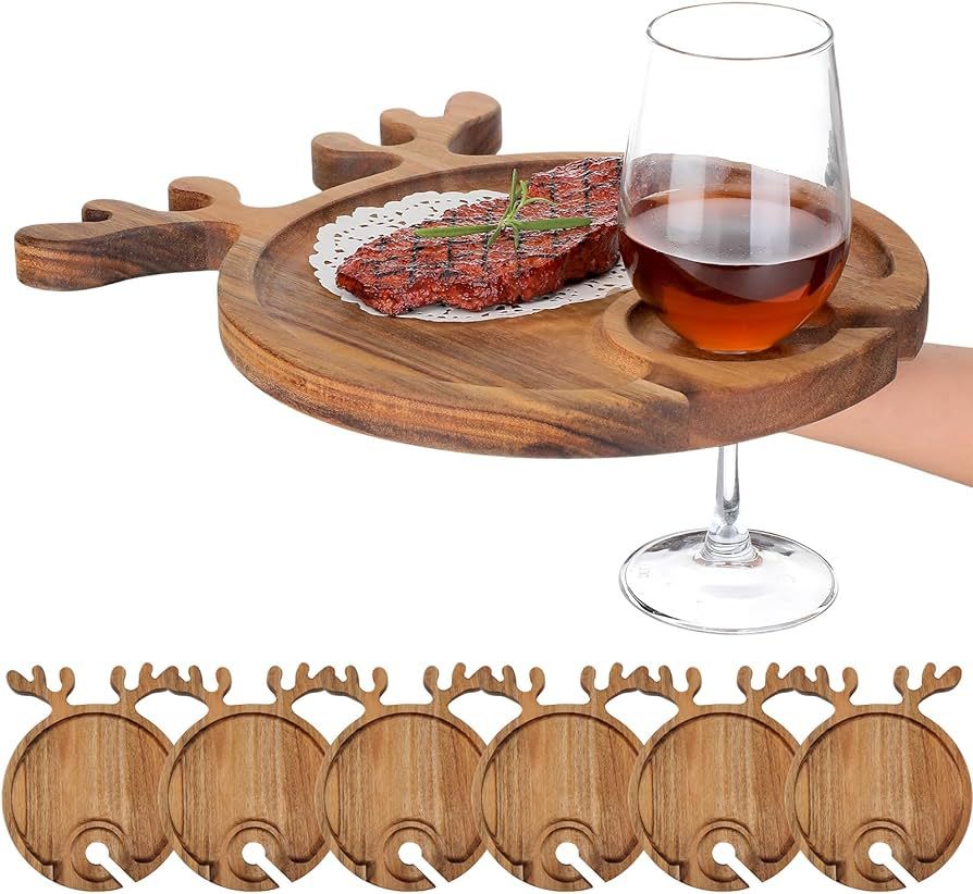 6 Pcs Christmas Acacia Wood Wine Appetizer Plates Xmas Individual Charcuterie Board Serving Tray ... | Amazon (US)