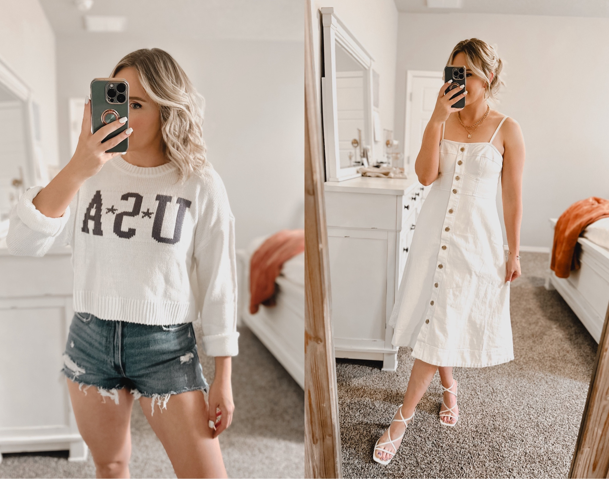 Target Sweater - true to size, wearing a medium, perfect for those summer evenings when it’s getting chilly at the campfire

Target Denim Dress - true to size, wearing a small, adjustable straps, smocked back, functional buttons from the waist down, top buttons are not functional 

Target try on / summer style styles 2024 try on ootd mom outfit outfits / summer fall spring winter fashion white denim dress dresses #tryon mirror selfie #targetstyle target style 4th of July Independence Day country concert outfit travel parade USA sweatshirt sweater casual Amazon flats sandals slides Abercrombie shorts Vici dolls dress pants office workwear work clothes modest basic basics linen button buttons back affordable dress pants target circle week sale sales