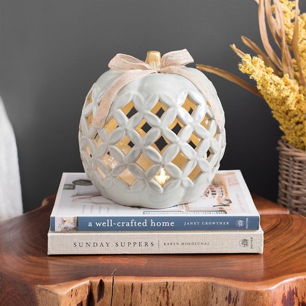 Blue Pre-lit Ceramic Pumpkin with Burlap Bow | Kirklands | Kirkland's Home