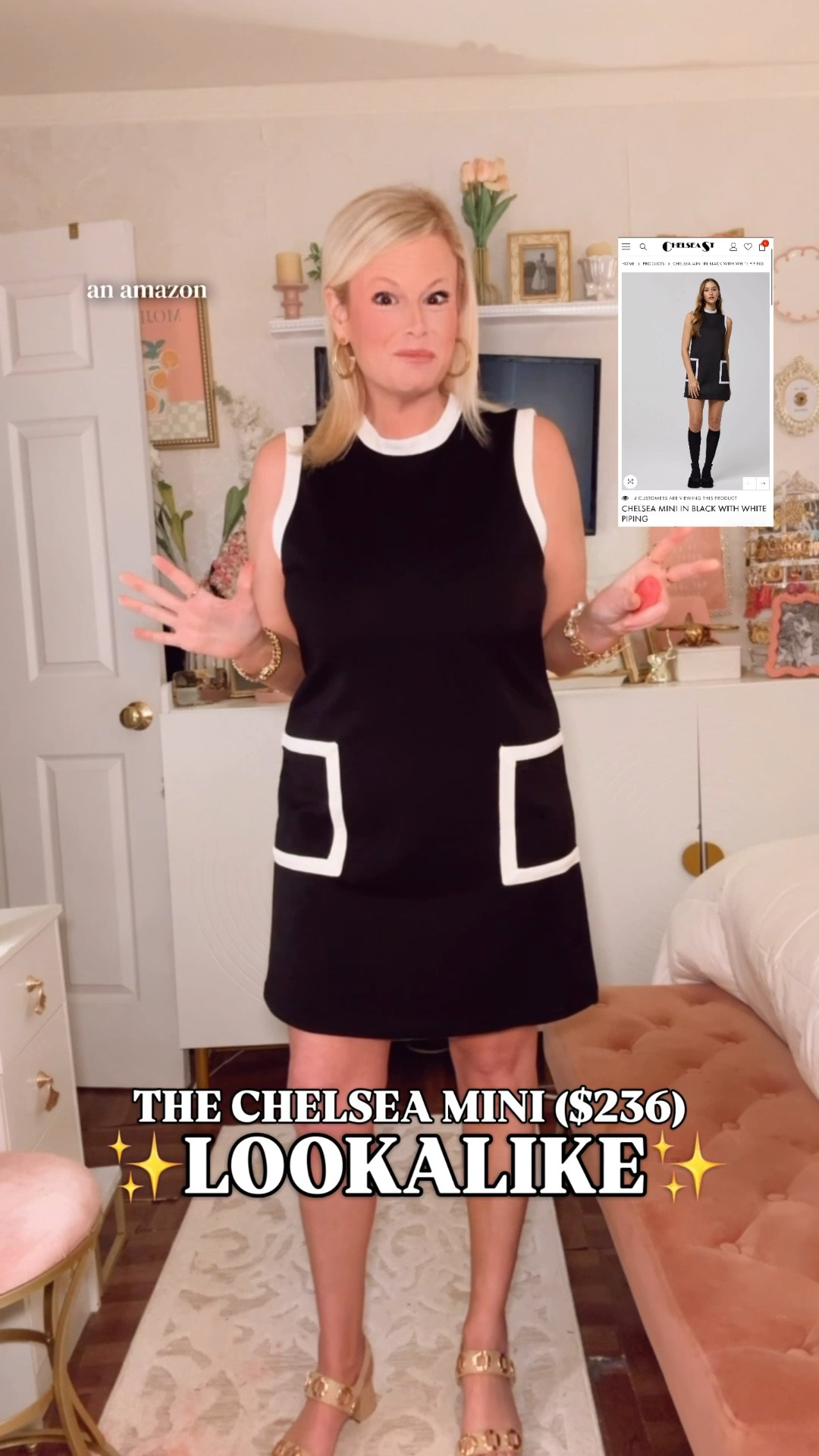 Chelsea mini dress look for less, Chelsea Street dress, Amazon mini dress, designer look for less, black mini dress, mock neck dress, scuba dress

This Amazon mini dress looks almost identical to the $236 Chelsea Street Chelsea Mini Dress — but it is under $40.

Same black and white contrast trim. Same mod mock neck. Same pocket detail. Same clean shift silhouette. Same expensive-looking designer energy without the designer price tag.

The fabric is the standout. It has that soft, smooth, scuba-feel texture that gives the dress structure and makes the whole piece look much more elevated than the price.

I’m in my true size medium. Comes in 3 colors.

Why it works:
✨ Chelsea Street Chelsea Mini look for less
✨ under $40
✨ designer version is $236
✨ scuba-soft fabric feel
✨ mock neck
✨ contrast trim
✨ hidden back zipper
✨ pocket detail
✨ polished shift silhouette

Wear it with sandals, ballet flats, loafers, wedges, heels, a shoulder bag, gold jewelry, or a headband for work, business casual outfits, brunch, vacation dinners, girls night, date night, cocktail outfits, holiday parties, and polished everyday style.

If you love designer look for less finds, Amazon dresses, Chelsea Street inspired style, black mini dresses, shift dresses, mod dresses, mock neck dresses, business casual dresses, cocktail dresses, vacation outfits, and expensive-looking dresses under $40, this is the kind of find that makes the designer version hard to justify.

Chelsea Street Chelsea Mini look for less, Amazon dress, Amazon mini dress, black mini dress, shift dress women, mock neck dress, scuba dress women, designer look for less, business casual dress, work dress women, cocktail dress, date night dress, vacation dress women, polished outfit women, expensive looking Amazon finds

#ScubaDress #LTKFindsUnder50 #ShiftDress #LookForLess #RetroStyle 

#LTKWorkwear #LTKootd #LTKWedding