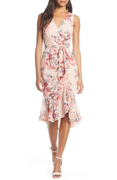 Eliza J Floral Ruched Chiffon Faux Wrap Dress in Blush at Nordstrom, Size 4 | Nordstrom