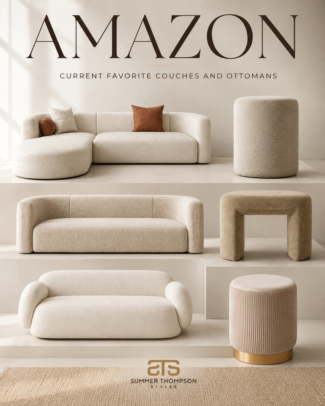 Obsessed with these chic Amazon couches and ottomans. The perfect modern living room furniture for anyone who loves neutral home decor, minimalist style, and cozy interior design. These Amazon home favorites bring that high‑end, designer‑inspired look without the price tag. The clean lines, soft textures, and warm neutral tones make them ideal for creating a stylish, inviting living space. 🤍 

Summerthompsonstyles