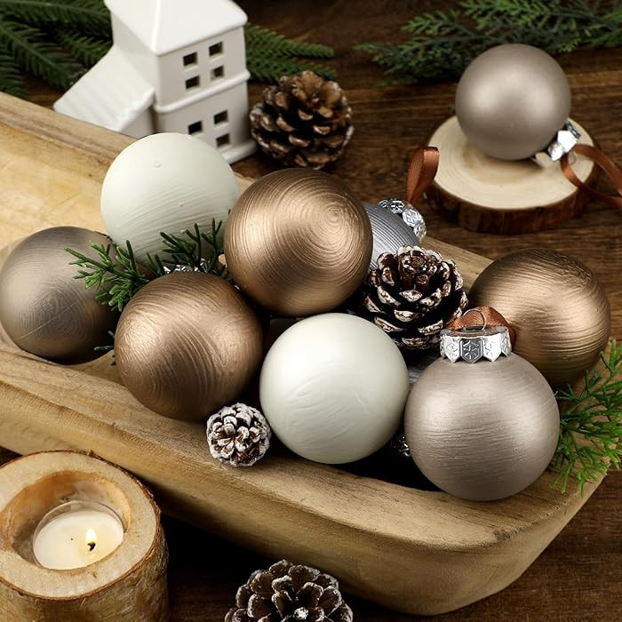 12 Pcs Modern Neutral Christmas Ball Ornaments Set 2.4 Inch Rustic White Brown Xmas Baubles Shatt... | Amazon (US)