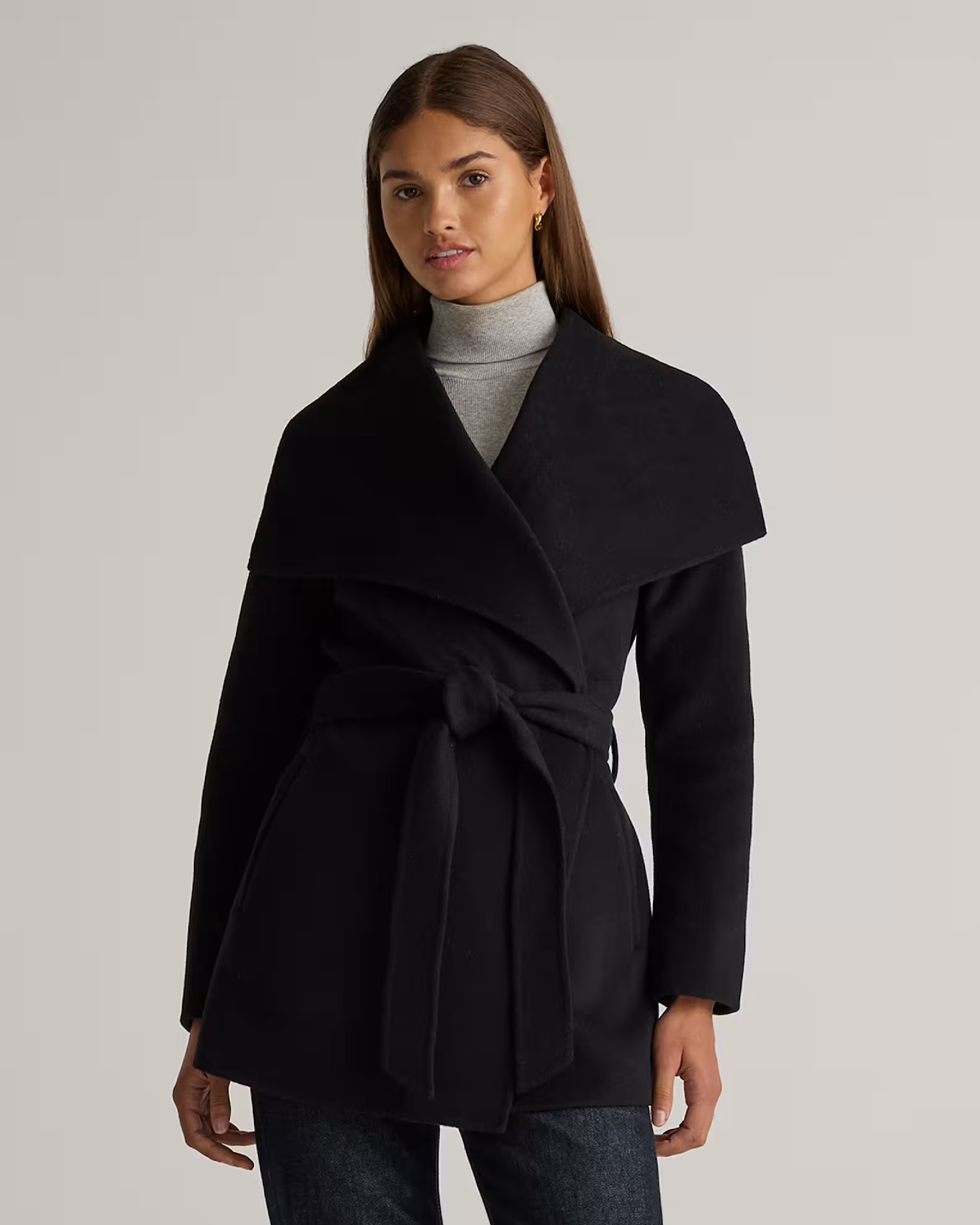 Double-Faced Merino Wool Draped Collar Short Wrap Coat in Black | Quince