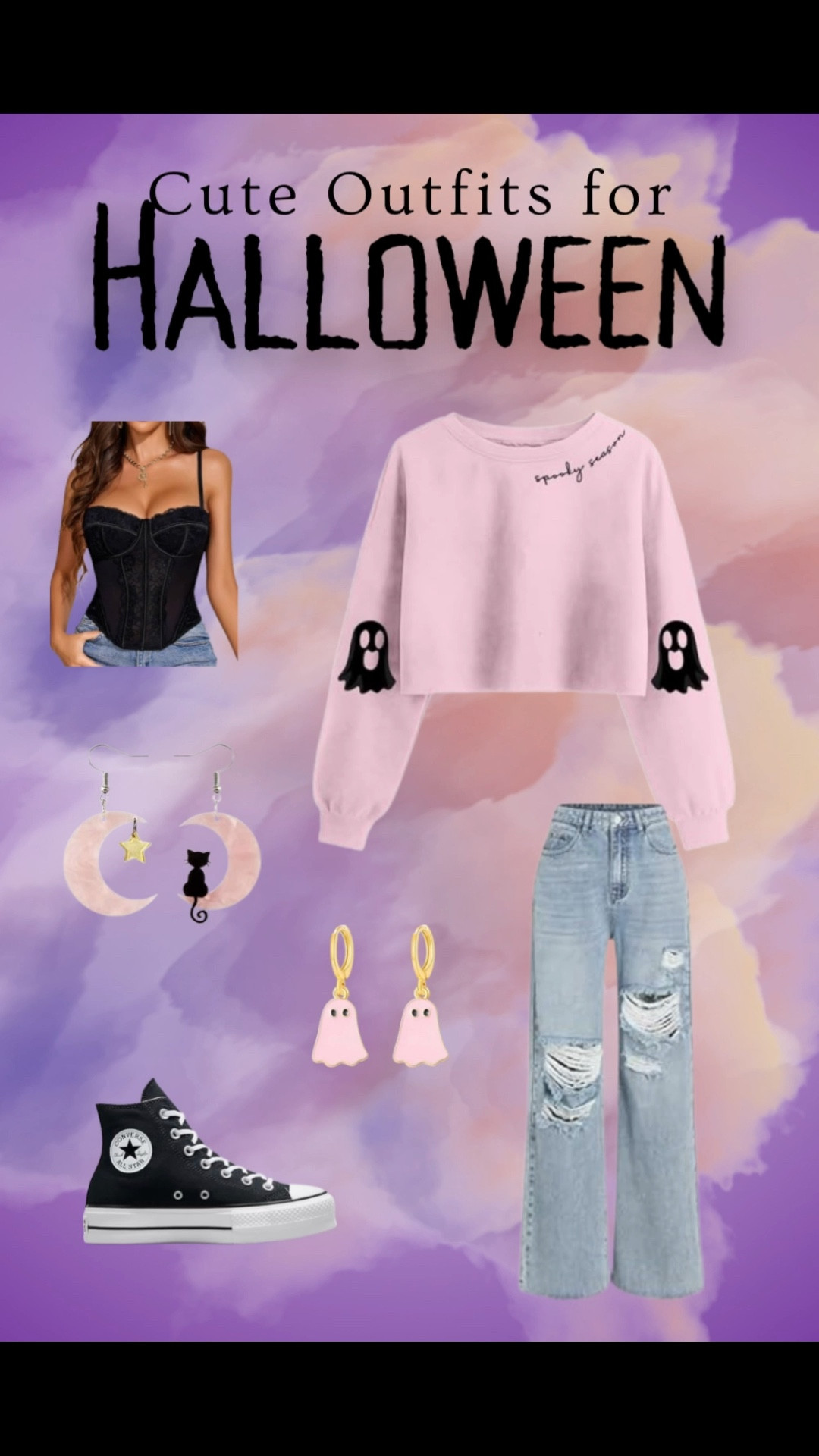  Cute Halloween outfit with pink ghost sweatshirt, black corset top, wide leg jeans, converse high top lifts, pink and black moon cat earrings or pink and gold ghost earrings.

Trendy Halloween, fall outfit, fall outfit ideas, October outfits, Halloween clothes, cute ghost, cats, pink and black, halloween 


#LTKSaleAlert #LTKSeasonal #LTKHalloween