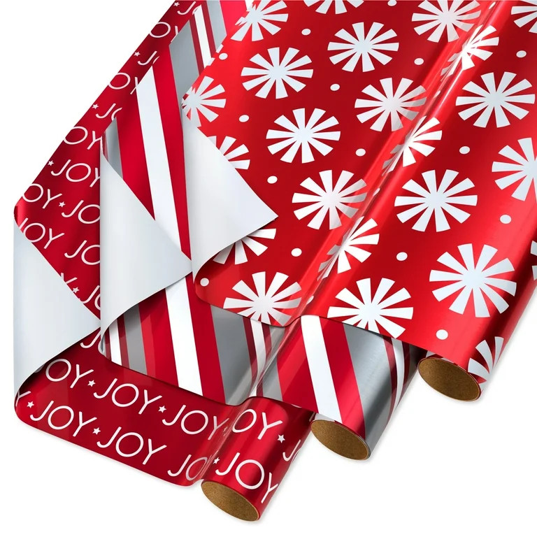 American Greetings 60 Sq. ft. Red White Silver Christmas Foil Wrapping Paper Bundle, Snowflakes, ... | Walmart (US)