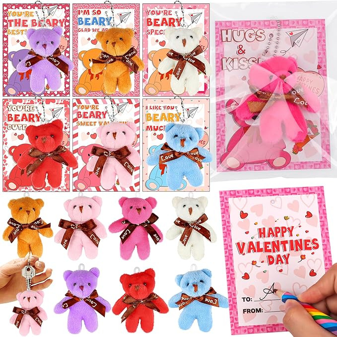 28 Pack Valentines Day Cards for Kids Classroom with Mini Bear Plush Toys Keychain Valentines Day... | Amazon (US)