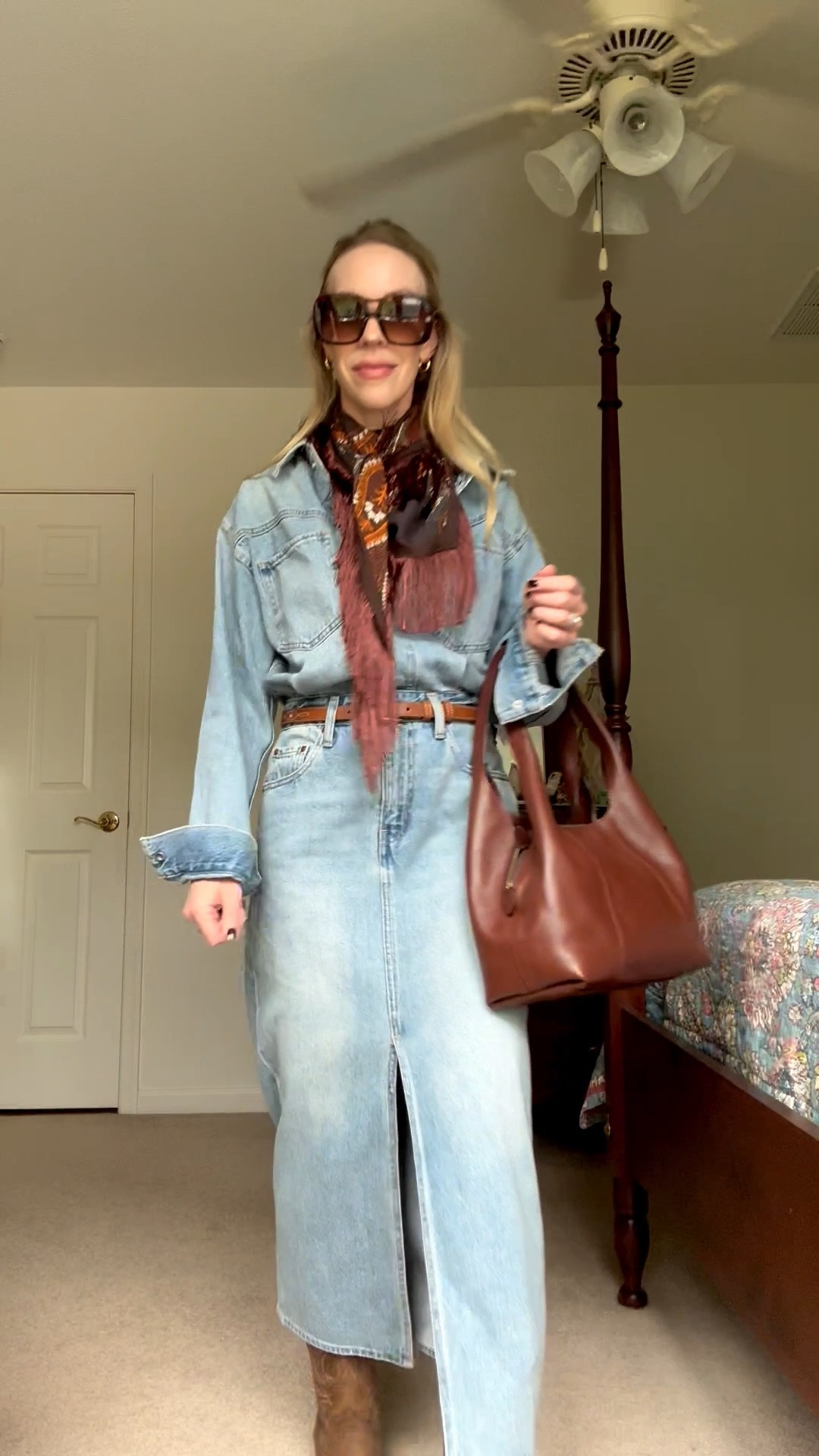 Western fall outfit, denim dress, fringe scarf, paisley scarf, fall festival look

#LTKSeasonal #LTKOver40