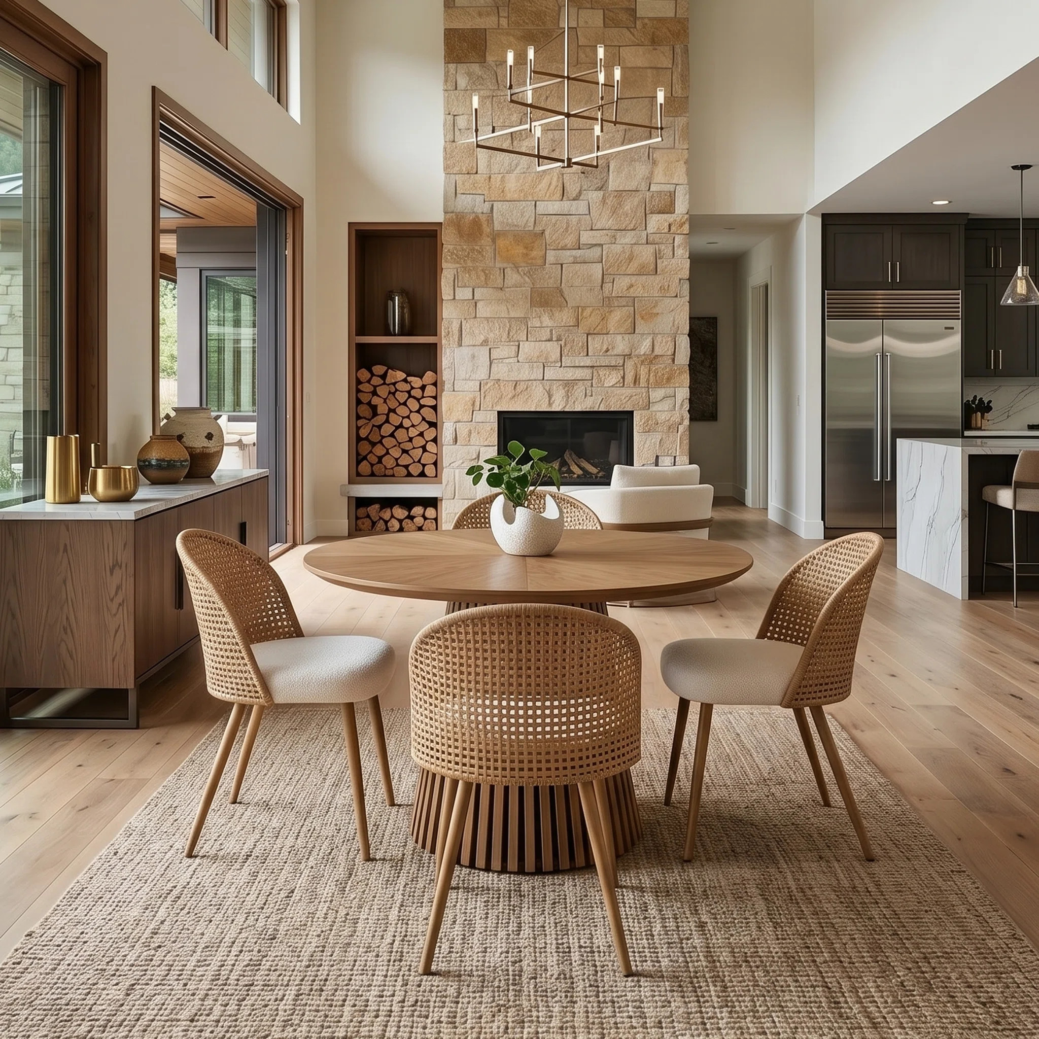 5 Piece Round Dining Table Set Boho Mid-Century Modern Wood Look Kitchen Table With 4 Rattan Dini... | Wayfair North America