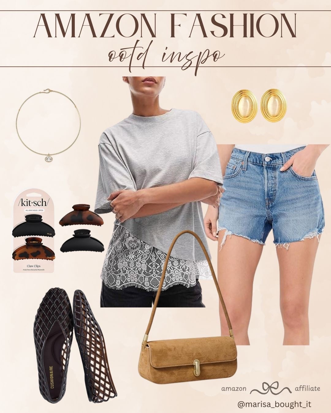 ✨ I am loving this chic and elevated casual outfit inspiration from Amazon. The layered grey tee with a delicate lace hem adds a feminine touch to classic denim shorts, making it the perfect balanced look for a relaxed warm-weather afternoon.
I styled it with a gorgeous tan suede shoulder bag, trendy woven flats, and timeless gold accessories. It is such an easy, put-together combination for running errands or grabbing a casual lunch with friends. 👜🩳🤍
#AmazonFashion #OOTDInspo #CasualStyle #SummerOutfits #AmazonFinds #EverydayFashion #EffortlessChic

#LTKootd #LTKSeasonal
