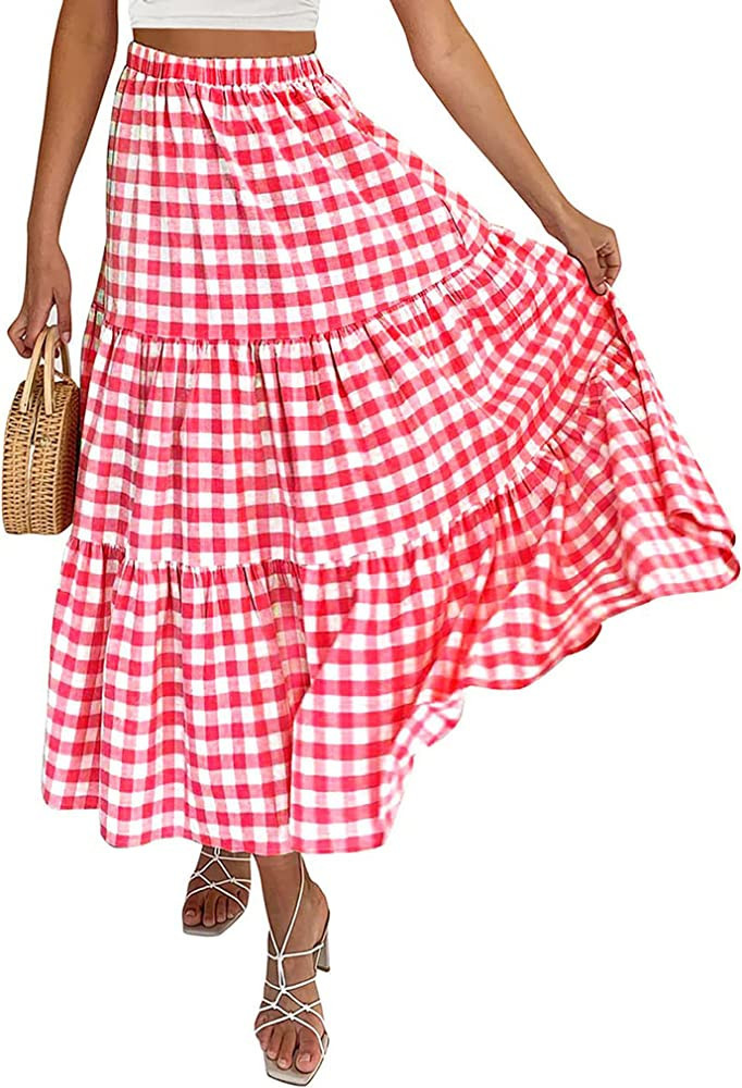 KIRUNDO Women's 2023 Spring Summer Casual High Waist Plaid Maxi Skirt A-Line Tiered Ruffle Flowy ... | Amazon (US)