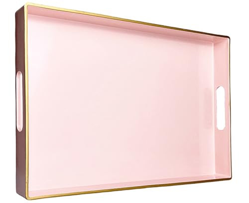 Umisriro Pink Serving Tray with Handles, Rectangular Decorative Tray for Coffee Table, Plastic Ottoman Tray for Living Room, Bathroom, Kitchen Tabletop, 15.6”x 10.2”x1.37” | Amazon (US)
