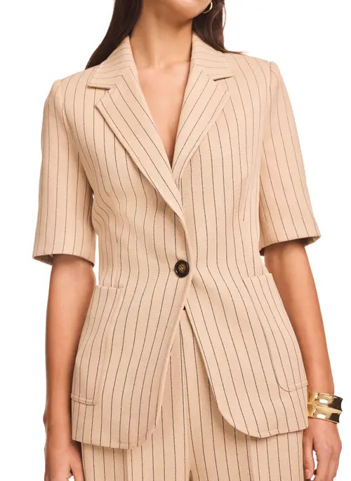 MINT VELVET Pin Stripe Short Sleeve Blazer in Camel at Nordstrom, Size 12 | Nordstrom
