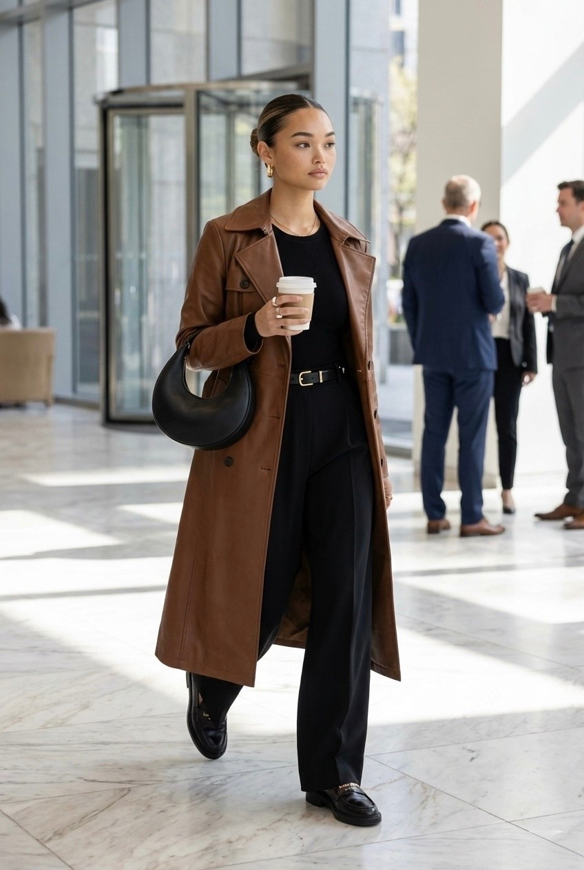 Casual work outfit built around elevated basics 🤎
Structured brown trench, fitted black long-sleeve top, tailored black trousers, and classic loafers — easy pieces that work for meetings, errands, and travel days. Wearing size small in clothing and size 8 in shoes. This is one of those timeless workwear looks you’ll reach for all season.

#LTKWorkwear #LTKPetite #LTKdayinmylife