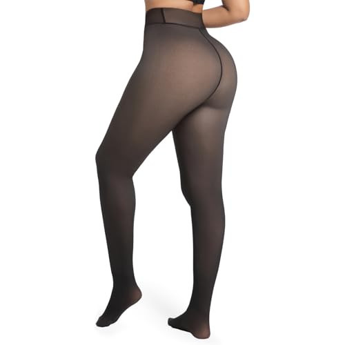 Women's Fleece Lined Tights Fake Translucent Winter Thermal Pantyhose Leggings Sheer Warm Thick Tights(Single line Crotch Black M/L) | Amazon (US)