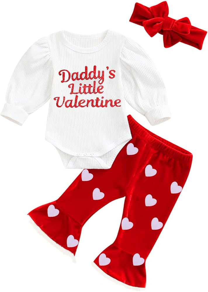 3PCS Newborn Infant Baby Girls Valentine’s Day Outfits Long Sleeve Ribbed Bodysuit Romper Bell Botto | Amazon (US)