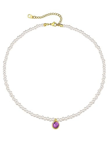KeyStyle Baroque Pearl Necklaces for Women, June Birthstone Necklace with Synthetic Ruby Dainty Stainless Steel Choker Necklace for Wedding Bride Bridesmaids Gift | Amazon (US)