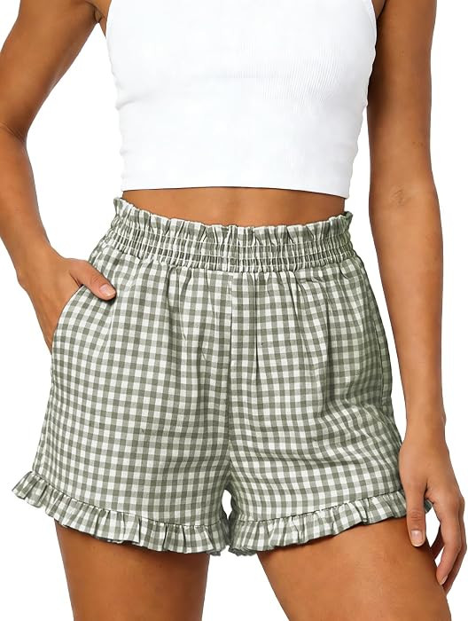 Women\u2019s Ruffle Boxer Shorts Gingham Pajama Shorts with Pockets | Amazon (US)